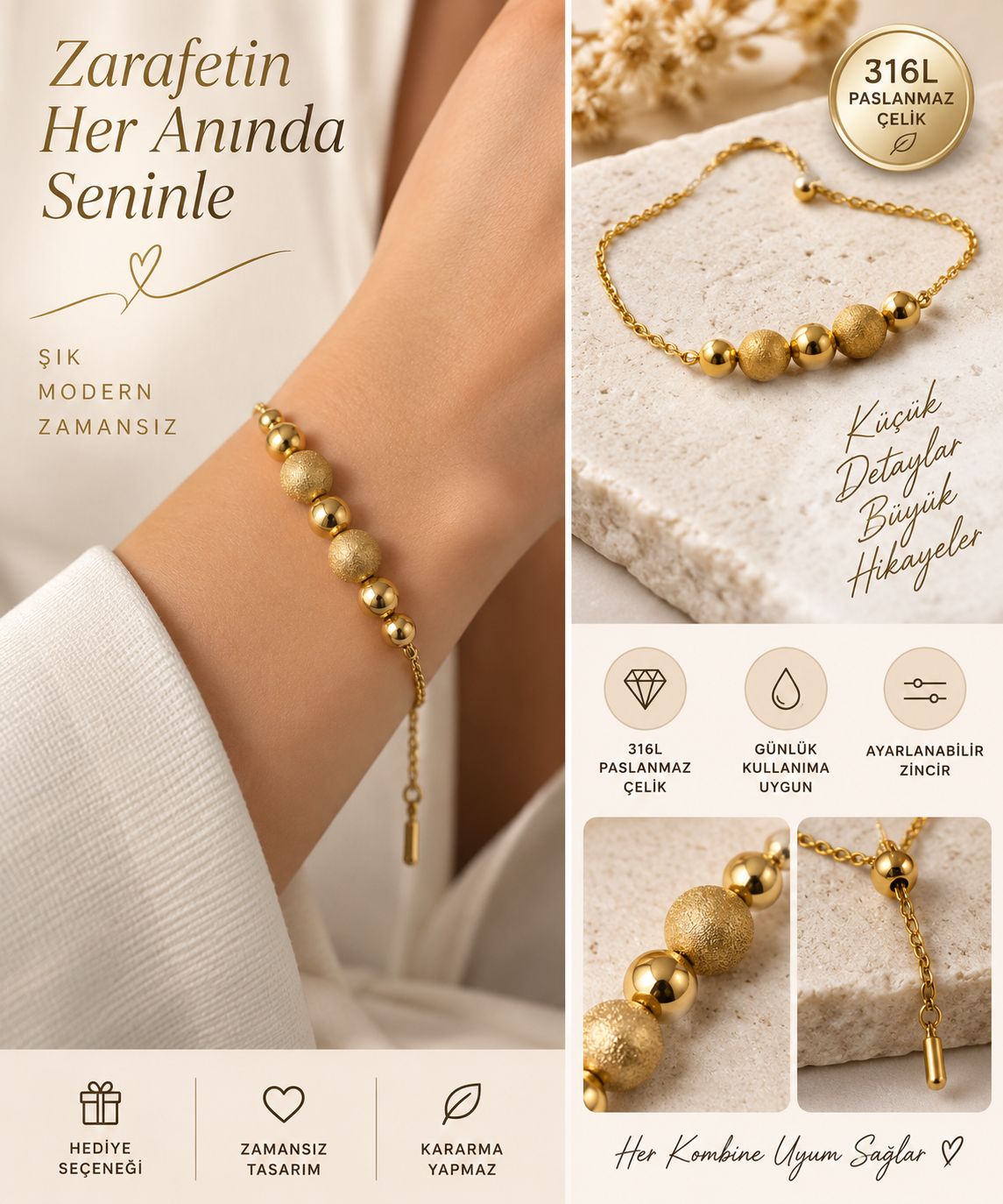 316L Çelik Gold Top Detaylı Ayarlanabilir Kadın Bileklik