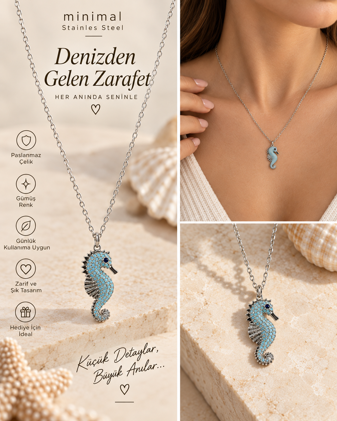 Denizatı Model Turkuaz Taşlı Paslanmaz Çelik Kolye