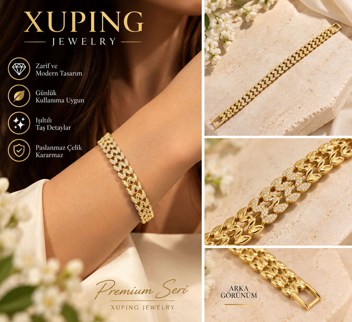 Xuping Premium Taşlı Gurmet Zincir Bileklik – Gold Renk
