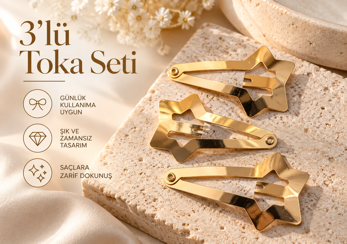 Altın Renk Yıldız Figürlü Çıtçıtlı Saç Tokası 3’lü Set