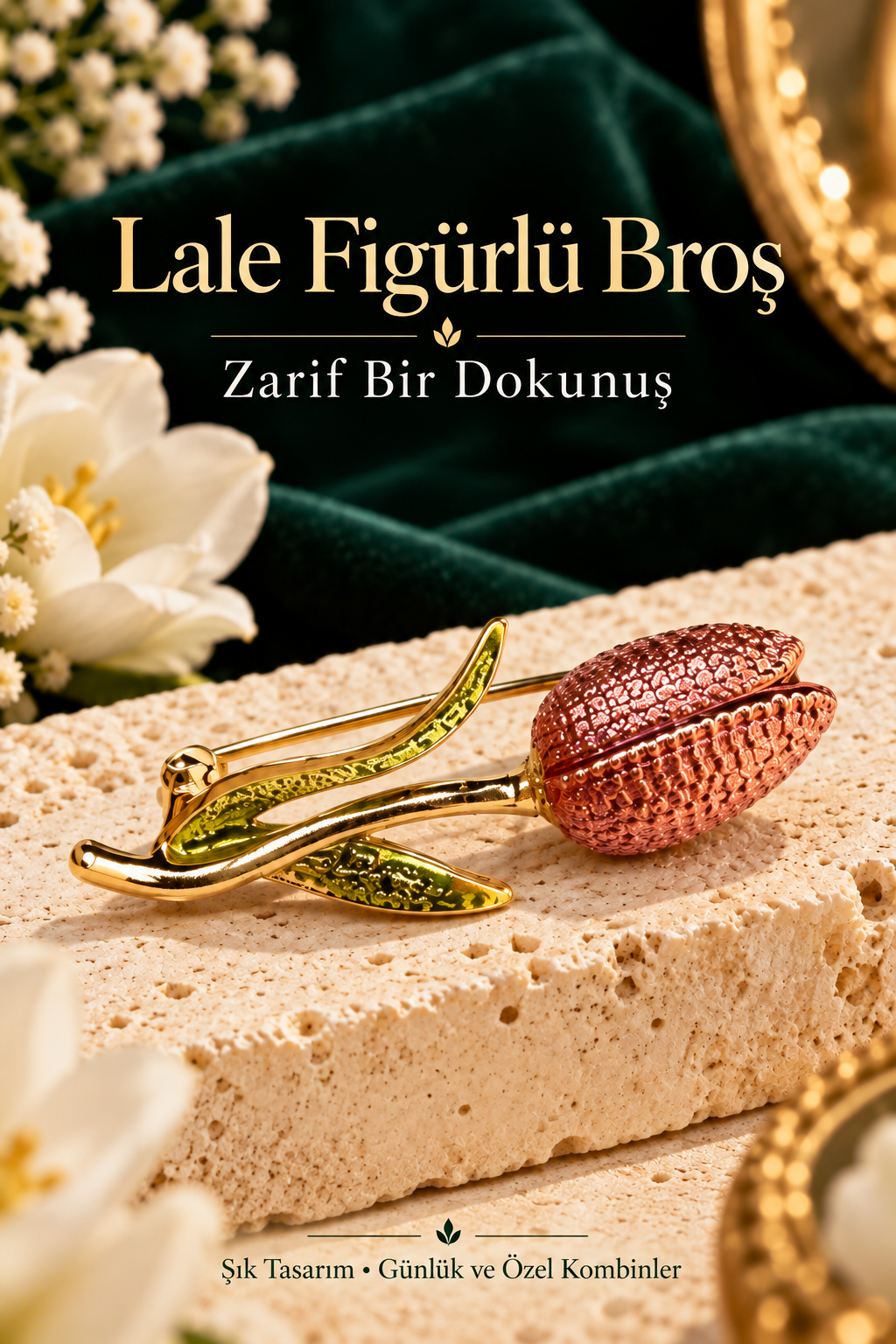 Lale Figürlü Dokulu Çiçek Broş