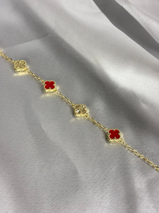 Gold-Plated Red Clover Motif Chain Bracelet