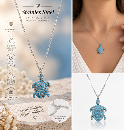 Deniz Kaplumbağası Model Kadın Kolye Gümüş Renk Paslanmaz Çelik Turkuaz Taşlı Ayarlanabilir Kolye