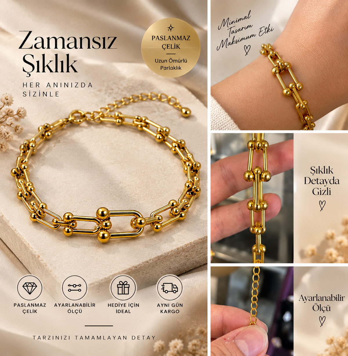 Geometrik Zincir Model Kadın Bileklik Altın Renk Paslanmaz Çelik Ayarlanabilir Şık Bileklik