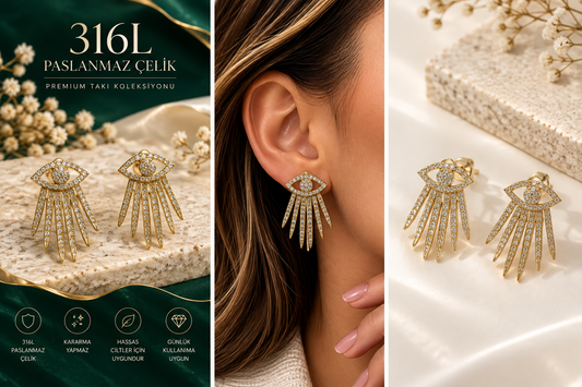 Göz Formlu Sallantılı Zirkon Taşlı 316L Çelik Küpe – Gold Renk