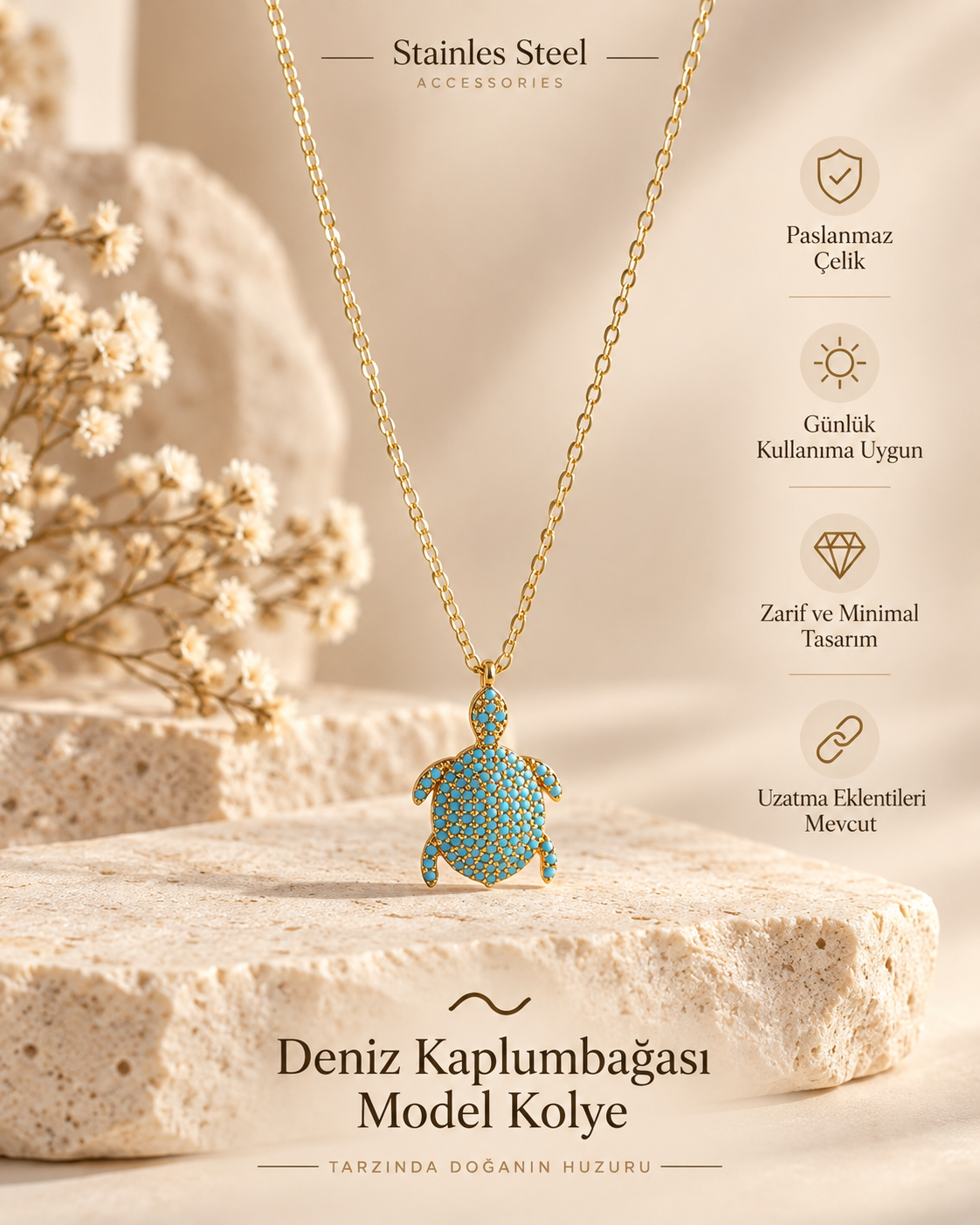 Deniz Kaplumbağası Model Kadın Kolye Gümüş Renk Paslanmaz Çelik Turkuaz Taşlı Ayarlanabilir Kolye
