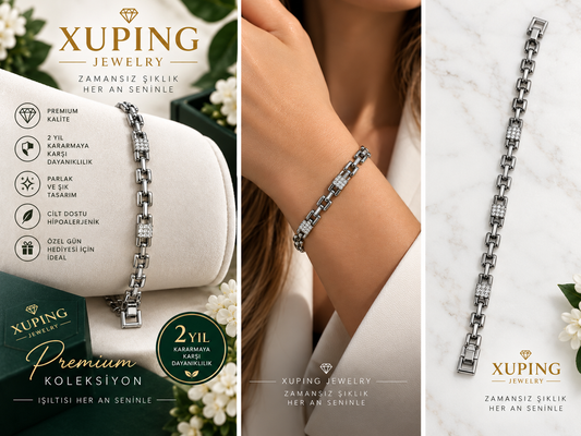 Xuping Jewelry Gümüş Renk Taş Detaylı Geometrik Zincir Kadın Bileklik