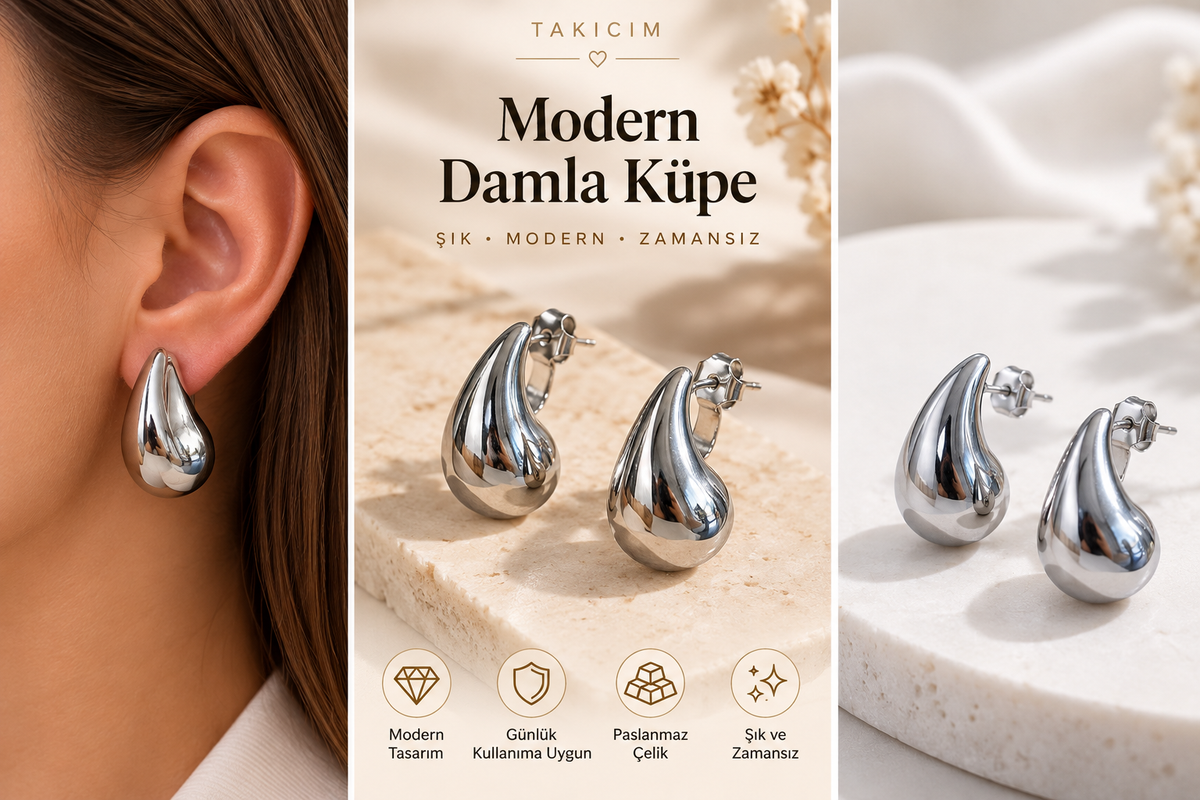 Modern Damla Form 316L Çelik Küpe – Gümüş Renk