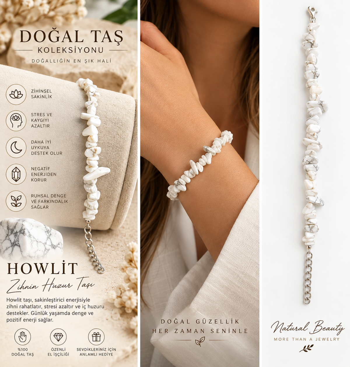 Kadın Howlit Doğal Taş Bileklik – Beyaz Kırık Taş Ayarlanabilir Zarif Tasarım