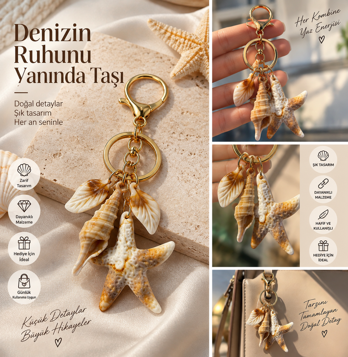 Deniz Yıldızı ve Deniz Kabuğu Figürlü Anahtarlık Çanta Aksesuarı Gold Renk Hediyelik