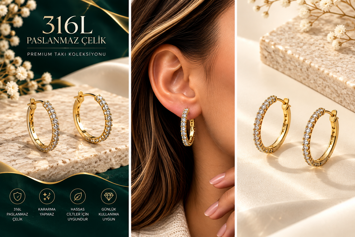 Zirkon Taşlı Halka 316L Çelik Küpe – Gold Renk