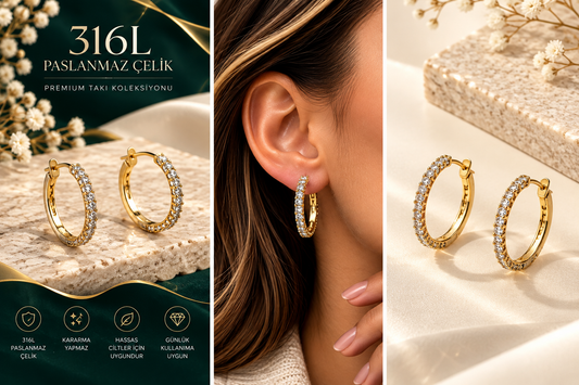 Zirkon Taşlı Halka 316L Çelik Küpe – Gold Renk
