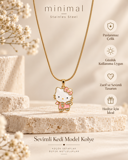 Sevimli Kedi Model Kadın Kolye Altın Renk Paslanmaz Çelik Pembe Detaylı Taşlı Kolye