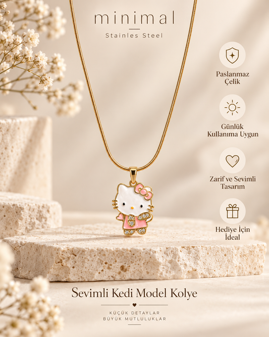 Sevimli Kedi Model Kadın Kolye Altın Renk Paslanmaz Çelik Pembe Detaylı Taşlı Kolye
