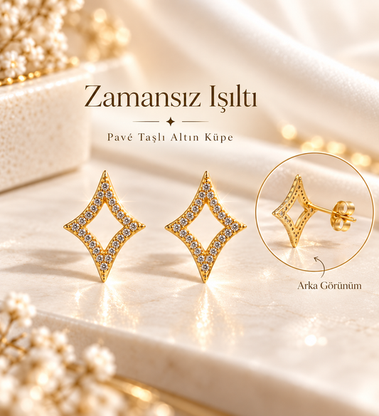 Pavé Taşlı Geometrik 316L Çelik Küpe – Gold Renk