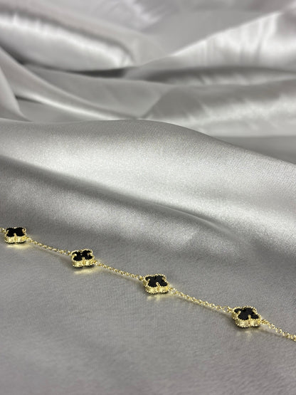 Siyah Mineli Gold Yonca Tasarım Lüks Bileklik