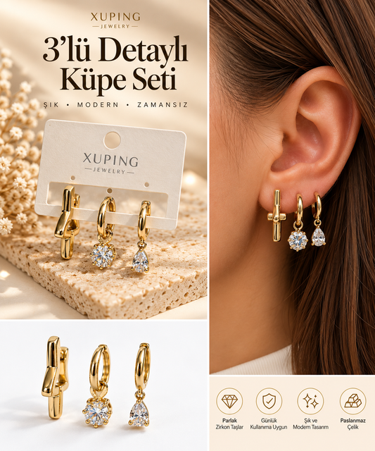 3’lü Zirkon Taşlı 316L Çelik Küpe Seti – Gold Renk