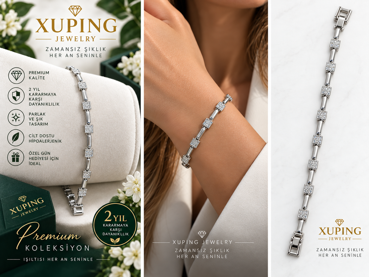 Xuping Jewelry Kadın Gümüş Renk Zirkon Taşlı Kare Detaylı Şık Bileklik