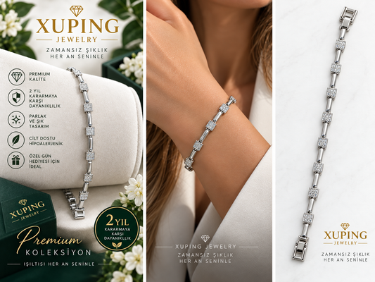 Xuping Jewelry Kadın Gümüş Renk Zirkon Taşlı Kare Detaylı Şık Bileklik