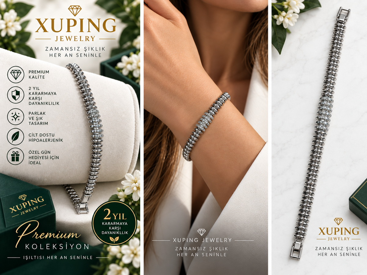 Xuping Jewelry Gümüş Renk Taş Detaylı Halka Zincir Kadın Bileklik