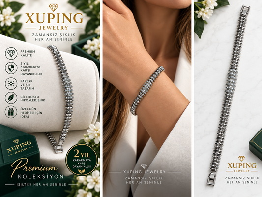 Xuping Jewelry Gümüş Renk Taş Detaylı Halka Zincir Kadın Bileklik