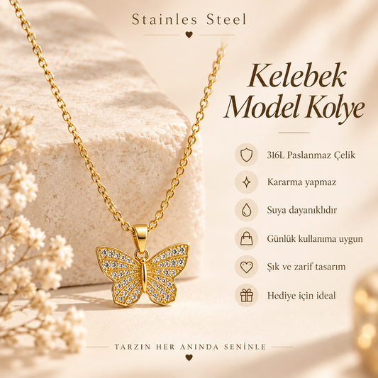 316L Paslanmaz Çelik Taşlı Kelebek Kolye Gold Renk Zarif Kadın Kolyesi