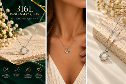Taşlı Ay Yıldız 316L Çelik Kolye – Gümüş Renk