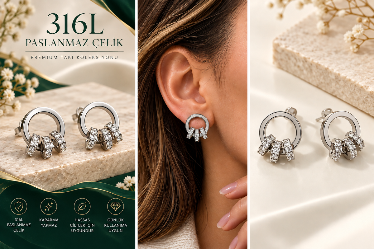 Taşlı Üçlü Halka Detaylı 316L Çelik Küpe – Gümüş Renk