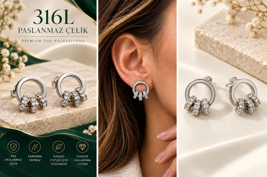 Taşlı Üçlü Halka Detaylı 316L Çelik Küpe – Gümüş Renk