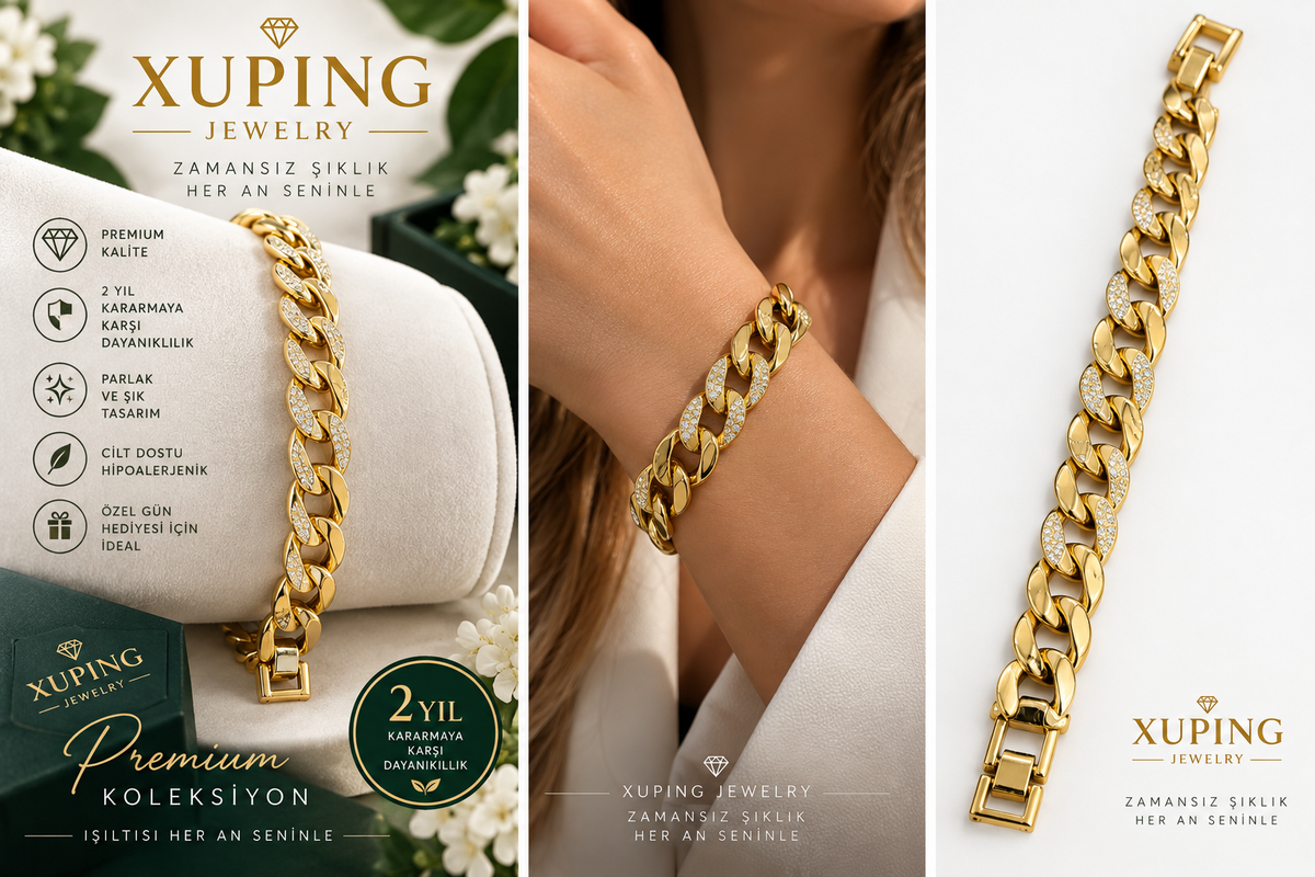 Xuping Jewelry Kadın Gold Kalın Gurmet Zincir Taşlı Bileklik – Premium Tasarım