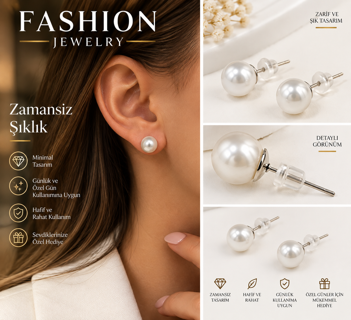 Zarif İnci Top Küpe – 316L Çelik, Gümüş Renk