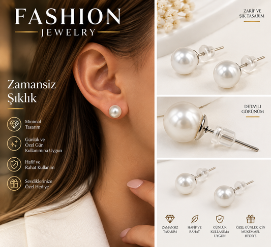 Zarif İnci Top Küpe – 316L Çelik, Gümüş Renk