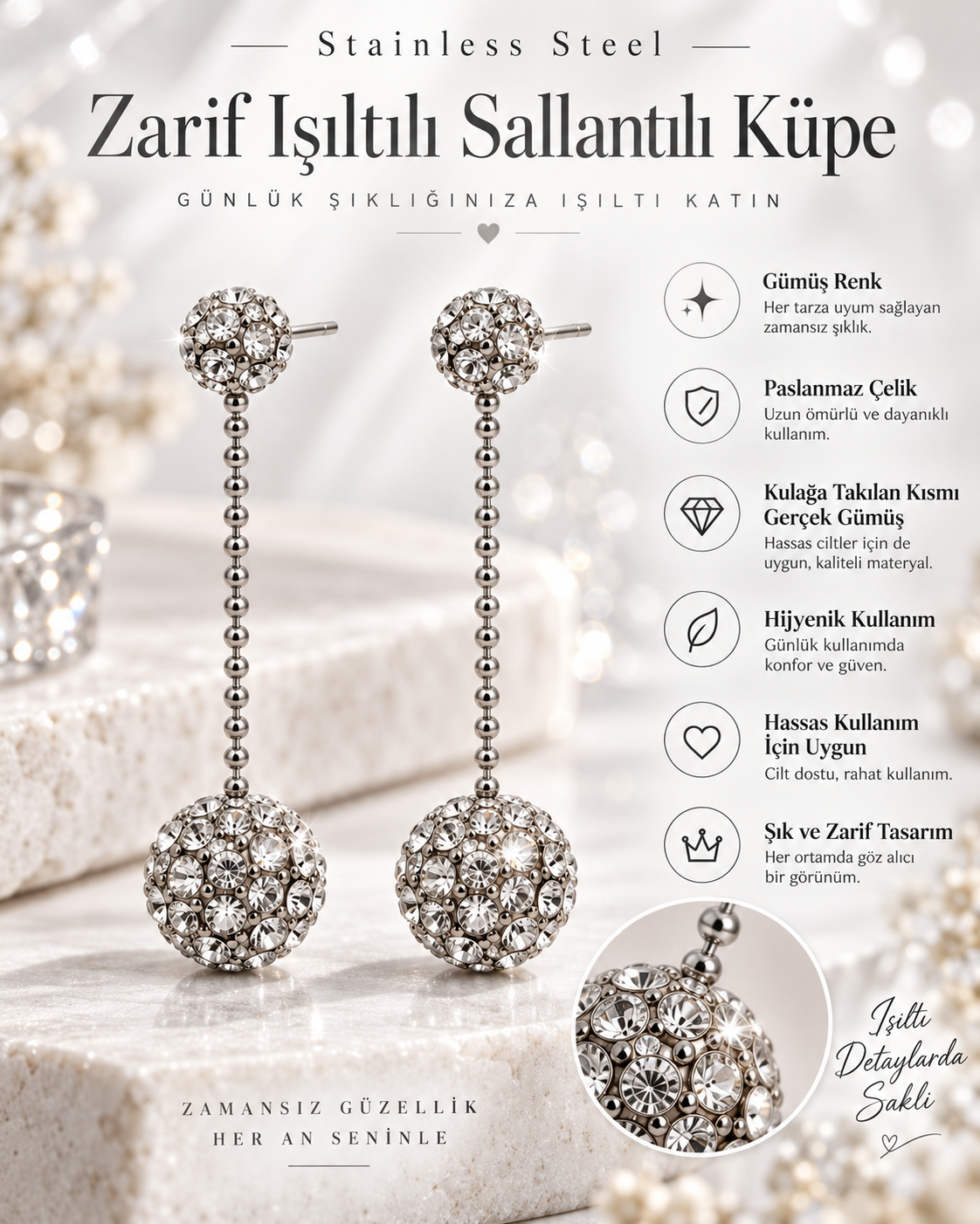 Taşlı Sallantılı Kadın Küpe Gümüş Renk Paslanmaz Çelik Gerçek Gümüş İğneli Zarif Küpe