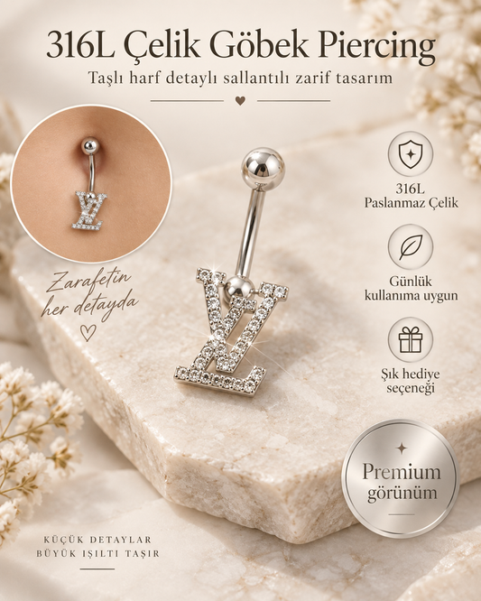 316L Çelik Taşlı Harf Detaylı Sallantılı Göbek Piercing