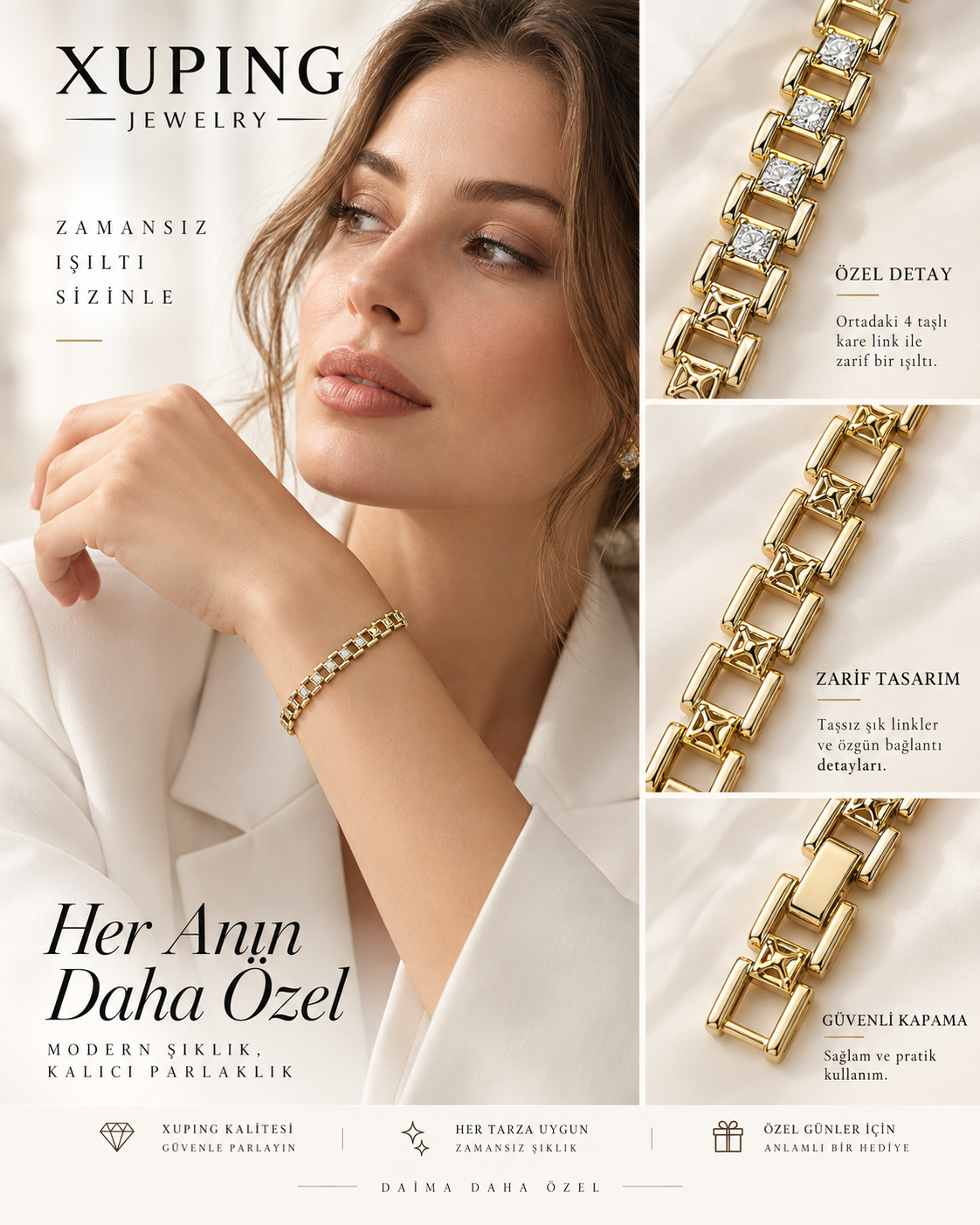 Xuping Gold Renk Kare Link Detaylı 4 Taşlı Kadın Bileklik