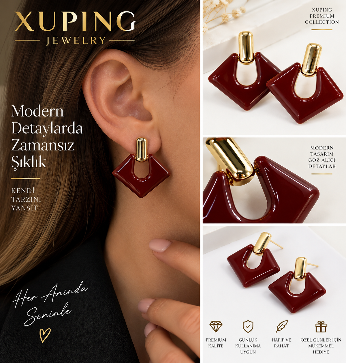 Xuping Gold Detaylı Geometrik Sallantılı Kadın Küpe Siyah ve Bordo