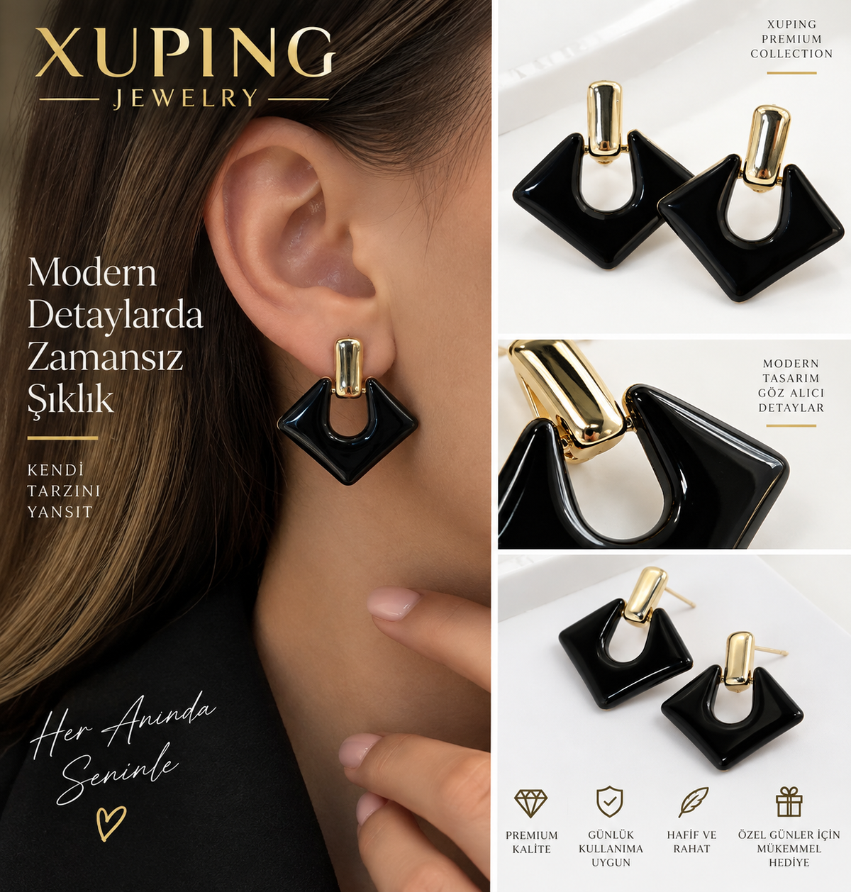Xuping Gold Detaylı Geometrik Sallantılı Kadın Küpe Siyah ve Bordo