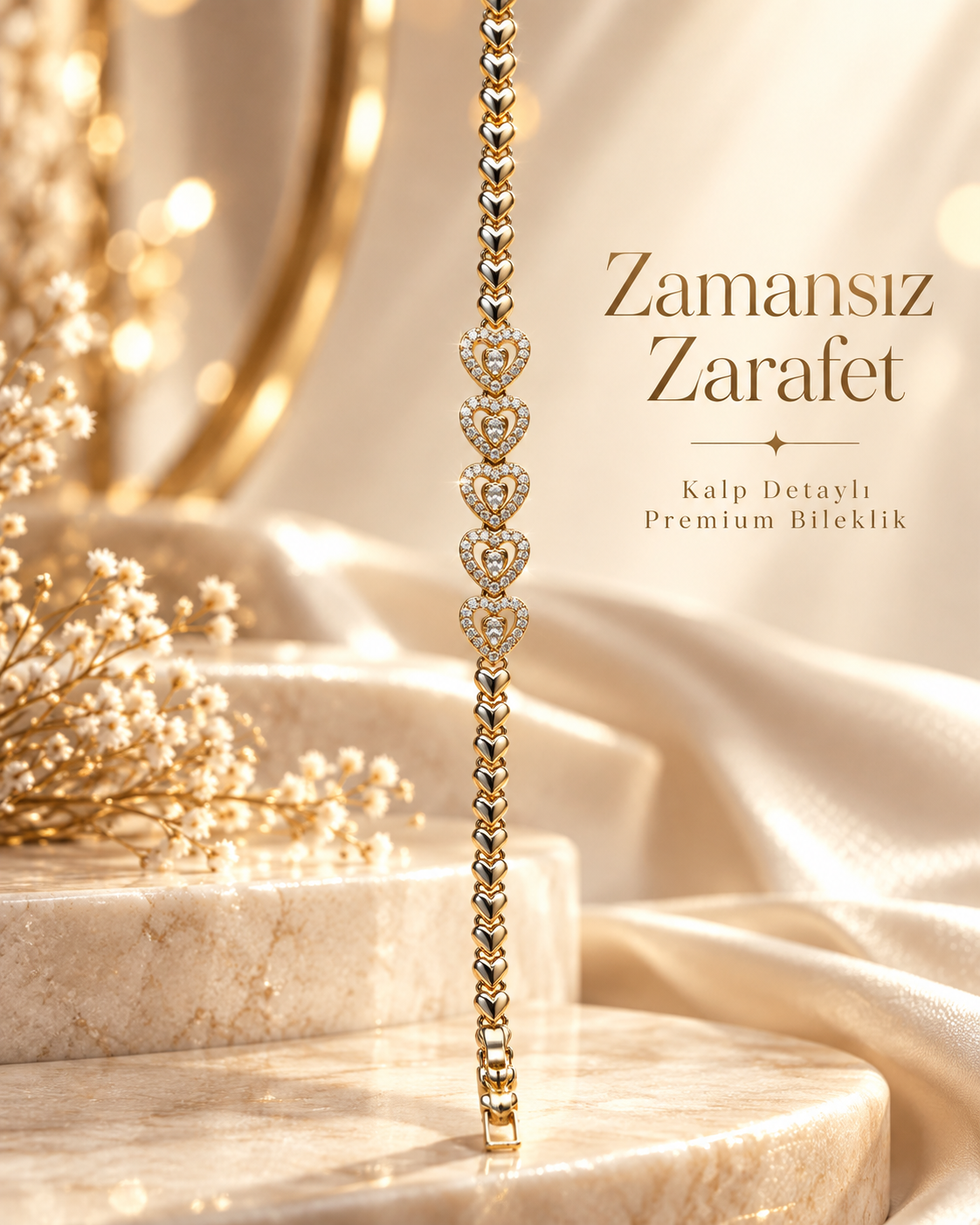 Xuping Premium Kalp Detaylı Taşlı Bileklik – Gold Renk