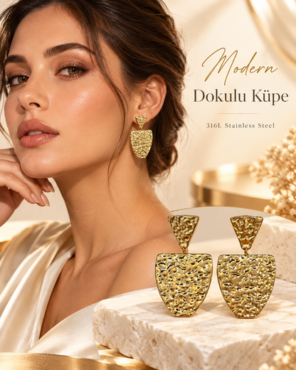 Dokulu Geometrik Sallantılı 316L Çelik Küpe