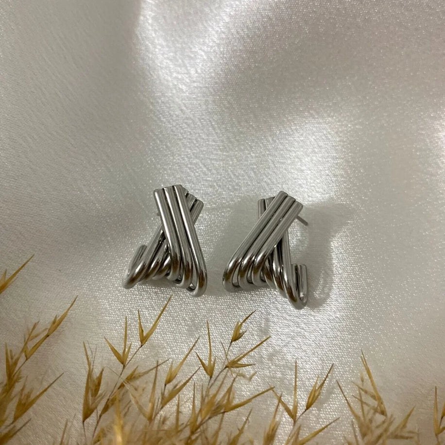 316L Stainless Steel Gold Cross-Lined Hoop Earrings X Model Multi-Stripe Stud Earrings