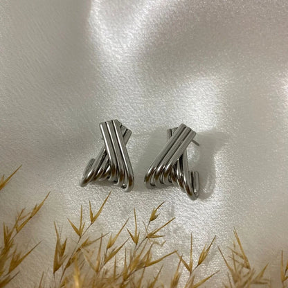 316L Stainless Steel Gold Cross-Lined Hoop Earrings X Model Multi-Stripe Stud Earrings
