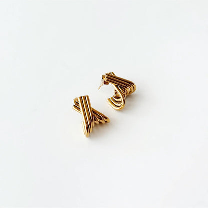 316L Stainless Steel Gold Cross-Lined Hoop Earrings X Model Multi-Stripe Stud Earrings